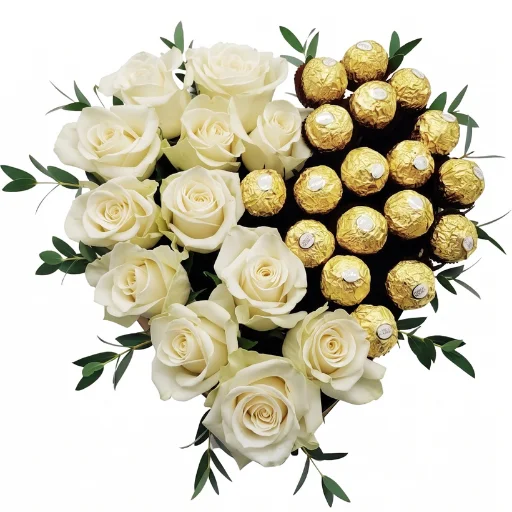 Arreglo floral corazon de 12 rosas blancas y bombones